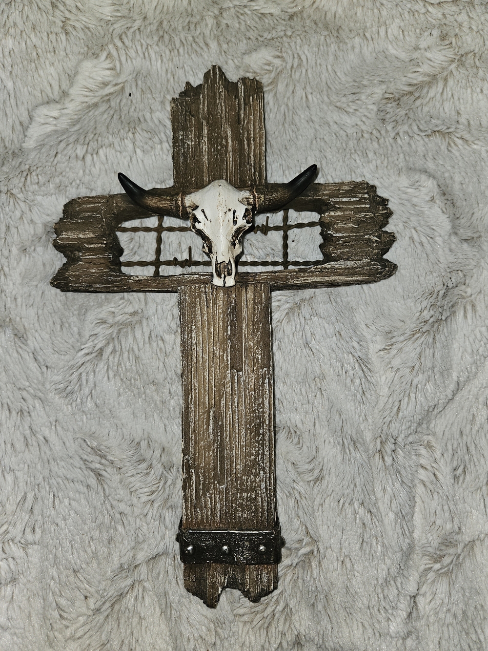 Rustic Brown Cross Wall Decor with Bull Skull
